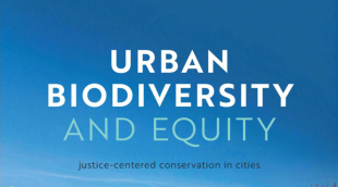 A detail section of a textbook cover reading "Urban Biodiversity and Equity: Justice-Centered Conservation in Cities."